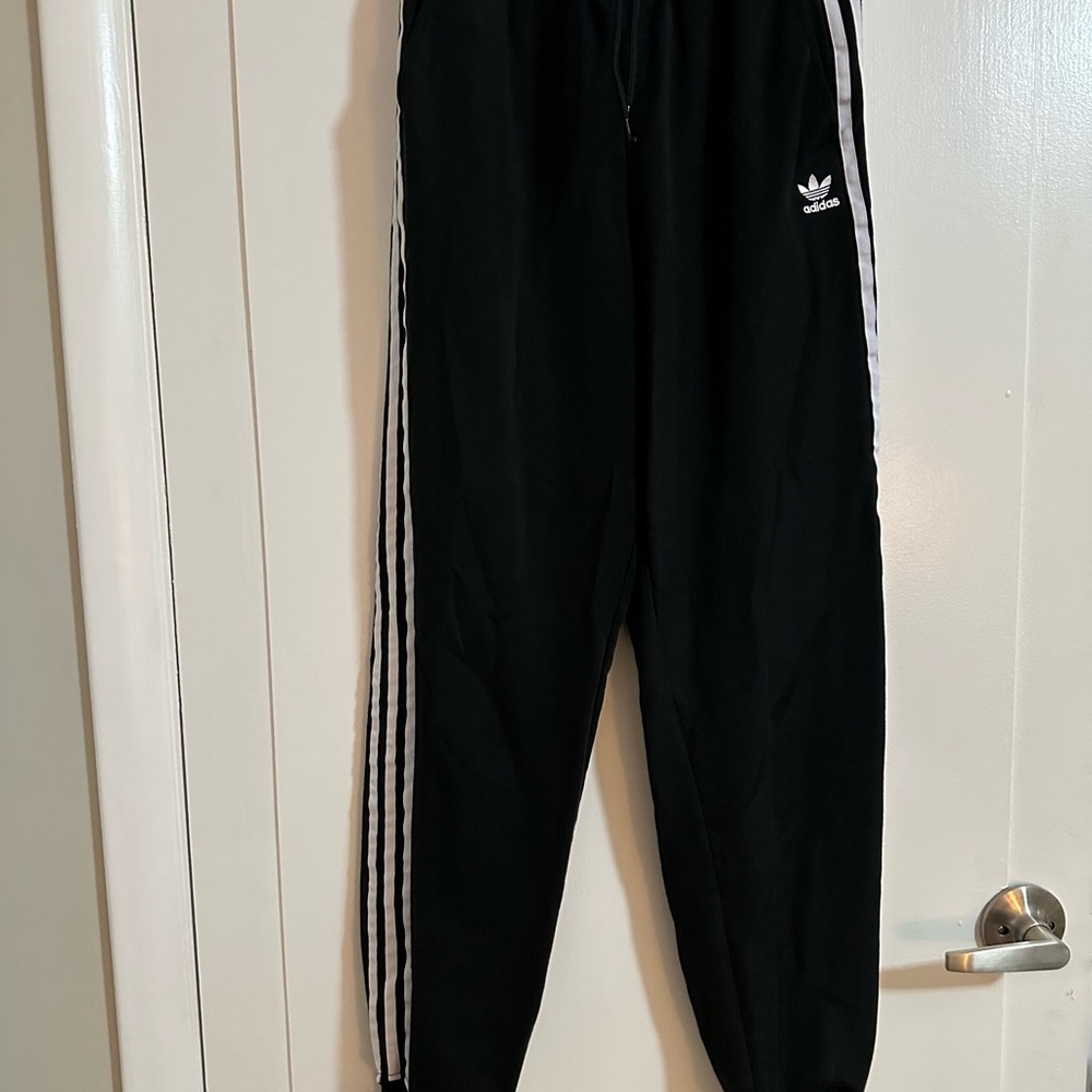 Women’s Adidas Black ankle-tie Joggers with White grosgrain Stripes, size small
